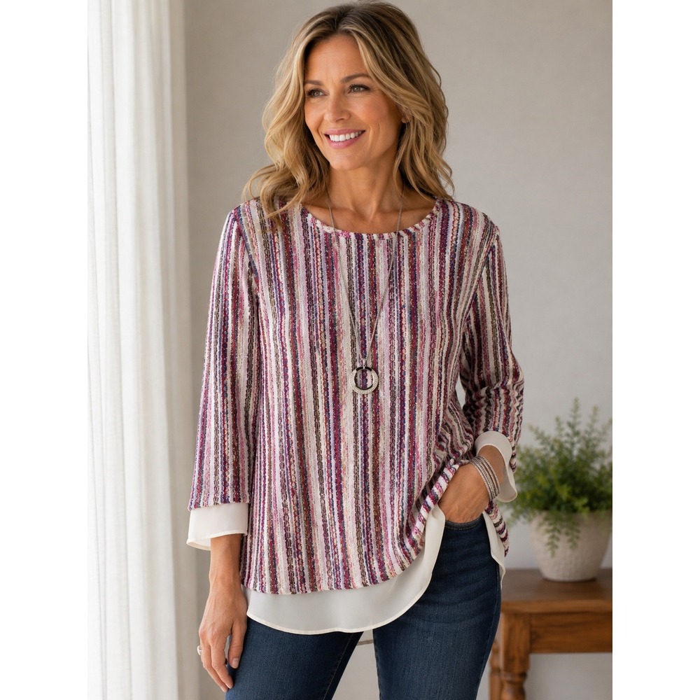 Alfred Dunner Multi Color Metallic Stripe Layered Hem 3/4 Sleeve Top Medium